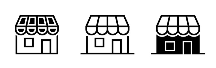 Store market icons set. Simple black shop sign in flat style. Store building for web site and mobile app. Vector illustration.