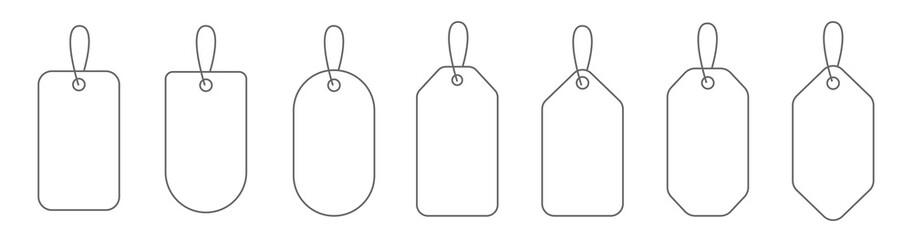 Outline price tag different shapes. Discount sale tag. Blank paper retail sticker. Vintage label template. Collection vector mockup on white background.