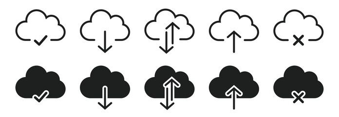 Obraz premium Cloud with arrow icon set. Upload and download cloud arrow vector symbols. Clouds with arrows up and down signs isolated. Vector illustration eps 10.