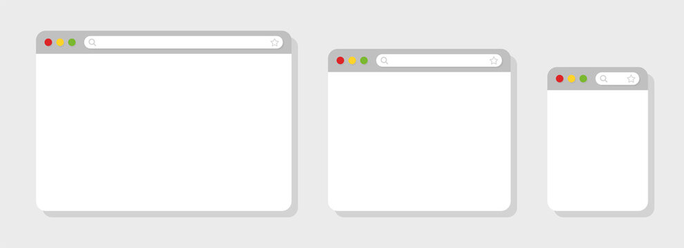 Browser mockups different devices web window mobile, laptop and tablet screen in internet. Browser window in flat style. Web browser template. Vector illustration.