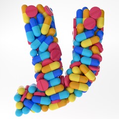 Hebrew Letter Ayin made of various colorful pills and tablets. 3d illustration medical's font. isolated on white background