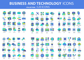 Business and marketing, programming, data management, internet connection, social network, computing, information. Icons set. Flat vector illustration	