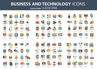 Fototapeta na wymiar Business and marketing, programming, data management, internet connection, social network, computing, information. Icons set. Flat vector illustration 