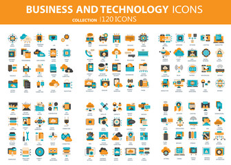 Business and marketing, programming, data management, internet connection, social network, computing, information. Icons set. Flat vector illustration	