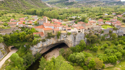 Fototapeta na wymiar aerial view of orbaneja del castillo medieval town in Burgos province, spain