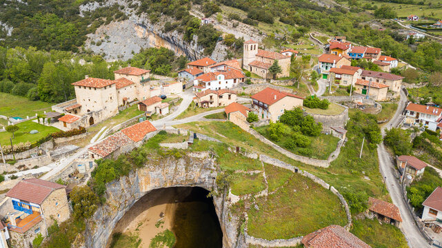 aerial view of orbaneja del castillo medieval town in Burgos province, spain