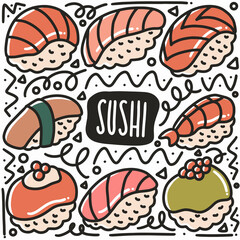 hand drawn sushi doodle set