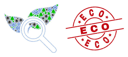 Winter Covid-2019 collage search flora plant, and distress Eco red round stamp imitation. Mosaic search flora plant is created from Covid-2019 virus, fir tree, and snow symbols.