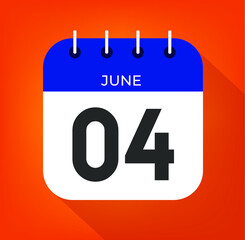 June day 4. Number four on a white paper with blue color border on a orange background vector.