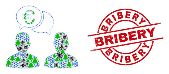 Winter Covid mosaic euro people chat, and dirty Bribery red round stamp seal. Mosaic euro people chat is constructed with Covid-2019 virus, green tree, and snow items.