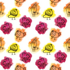Fototapeta premium seamless watercolor pattern of multicolored doodle birds.