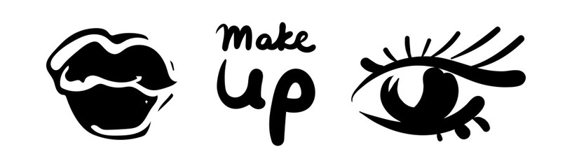 Plump lips in the form of a kiss with black lipstick and a stylized eye. Make Up lettering. Vector illustration. Hand drawn icon and symbol for logo, t-shirt design, textile, for makeup artist.