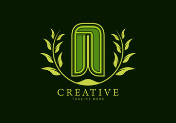 Letter N Monogram Logo with leaf ornament as a frame looks more natural, modern design, suitable for templates or brands.