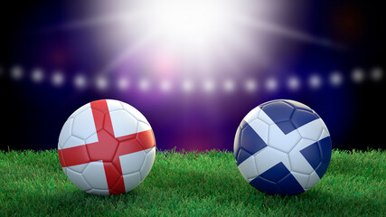 Two soccer balls in flags colors on stadium blurred background. England and Scotland. 3d image