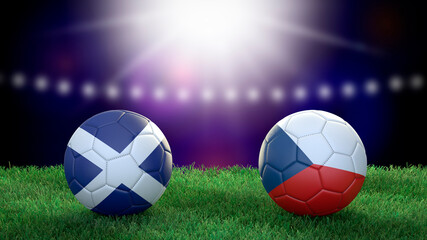 Two soccer balls in flags colors on stadium blurred background. Scotland and Czech Republic. 3d image