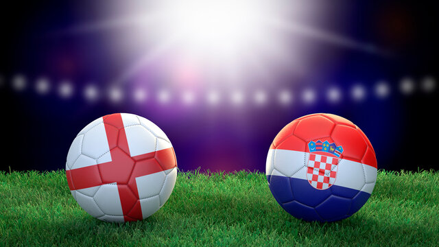 Two soccer balls in flags colors on stadium blurred background. England and Croatia. 3d image