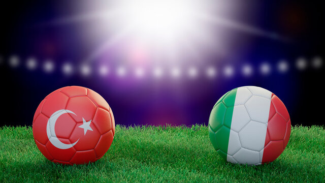 Two soccer balls in flags colors on stadium blurred background. Turkey and Italy. 3d image