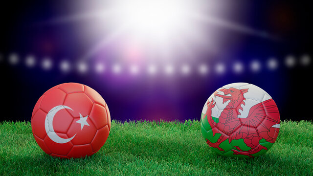 Two soccer balls in flags colors on stadium blurred background. Turkey and Wales. 3d image