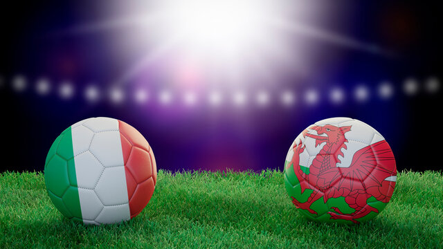 Two soccer balls in flags colors on stadium blurred background. Italy and Wales. 3d image