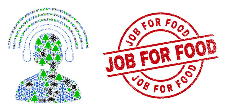 Winter coronavirus collage radio operator, and rubber Job for Food red round stamp seal. Collage radio operator is designed with Covid, fir tree, and ice crystal symbols.