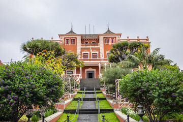 Pink elegant XIX-century former palace Liceo de Taoro, open free visits to the public. La Orotava, Tenerife, Canary Islands, Spain.