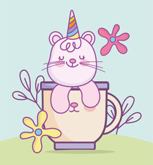 cat on cup with flowers