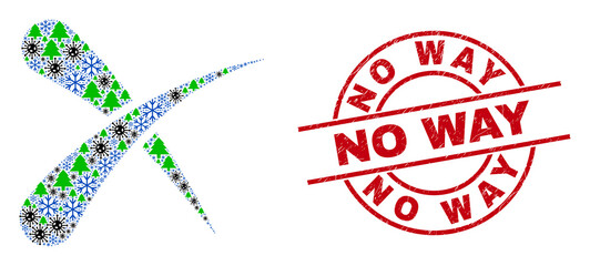 Winter Covid combination erase, and rubber No Way red round stamp seal. Collage erase is composed of Covid, green tree, and snow items. Red No Way stamp uses circles and lines.