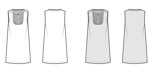 Fototapeta premium Dress bib pintucked technical fashion illustration with sleeveless, oversized body, knee length pencil skirt, henley neckline. Flat apparel front, back, white, grey color style. Women, men CAD mockup