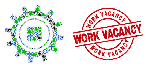 Winter viral collage gear, and textured Work Vacancy red round stamp seal. Mosaic gear is created of coronavirus, fir-tree, and snowflake symbols. Red Work Vacancy stamp seal uses circles and lines.