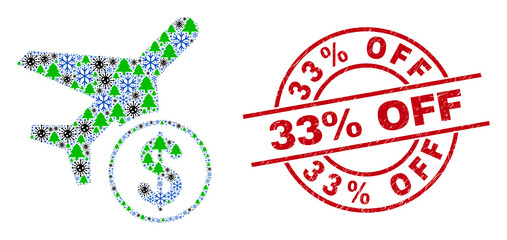 Winter viral collage airplane price, and distress 33% Off red round seal. Collage airplane price is constructed from Covid, fir-tree, and snow flake icons. Red 33% Off stamp uses circles and lines.
