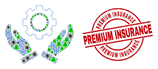 Obraz premium Winter Covid-2019 composition gear care hands, and scratched Premium Insurance red round stamp seal. Mosaic gear care hands is composed of Covid, fir-tree, and frost icons.