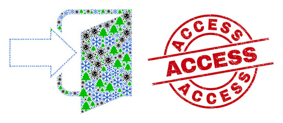 Winter viral mosaic exit door, and unclean Access red round watermark. Collage exit door is created with Corona virus, fir tree, and snowflake items. Red Access watermark uses circles and lines.