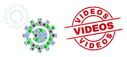 Winter pandemic composition gears rotation, and scratched Videos red round stamp seal. Collage gears rotation is made with flu infection, forest, and frost symbols.