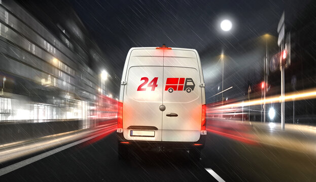 24 Stunden Paketdienst Lieferung mit Lieferwagen auf der Straße in der Stadt bei Nacht