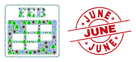 Winter Covid-2019 collage february calendar, and distress June red round stamp imitation. Collage february calendar is created of Covid-2019, fir tree, and snow flake symbols.