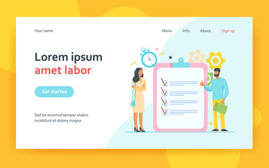 Managers with task list. Employees standing at checklist and timer, making thumb up flat vector illustration. Time management, planning concept for banner, website design or landing web page