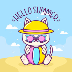 cute cat with ball in the beach