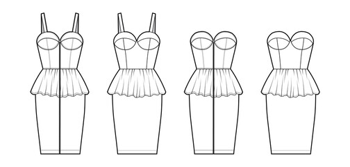 Set of dresses Zip-up denim peplum technical fashion illustration with sleeveless, strapless, fitted body, knee length ruffle tiered skirt. Flat apparel front, white color style. Women, men CAD mockup