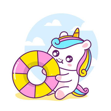 cute unicorn with swimming tires in summer