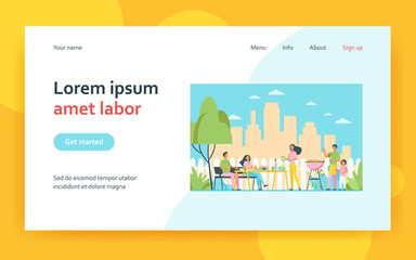 Family barbecue party on backyard. People grilling food in park or garden, sitting at table and eating. For cooking outside, festive dinner, summer concept