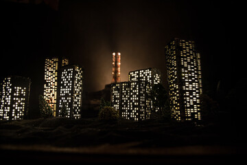 Creative artwork decoration. Chernobyl nuclear power plant at night. Layout of abandoned Chernobyl...
