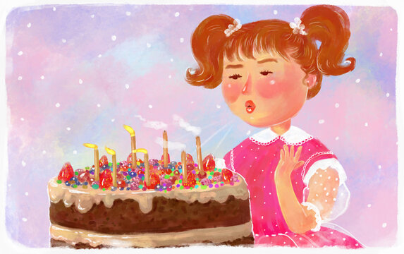 The girl blows out the candles on the birthday cake. Bright multicolor holiday illustration banner postcard