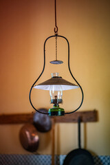 Close-up of beautiful vintage lamp. Rustic colonial room