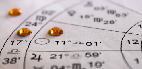Fototapeta premium Detail of printed astrology chart with orange sequins in the background, libra sun sign