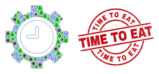 Obraz premium Winter Covid-2019 composition clock settings gear, and unclean Time to Eat red round stamp imitation. Collage clock settings gear is formed of Covid-2019, fir tree, and snowflake items.
