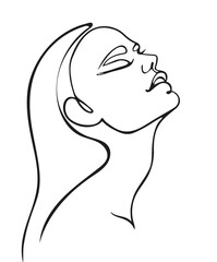 female portrait in one line style, beautiful face of a girl, black and white drawing, minimalism, for prints and tattoos, stylized vector graphics
