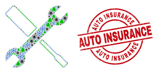Winter pandemic collage configuration tools, and grunge Auto Insurance red round stamp print. Mosaic configuration tools is created of coronavirus, fir tree, and snow icons.