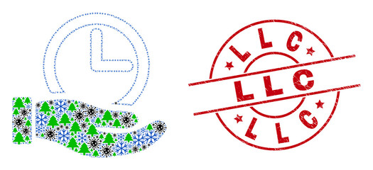 Winter viral mosaic time service hand, and grunge Llc red round stamp. Collage time service hand is formed with Covid, forest, and frost symbols. Red Llc stamp uses circles and lines.