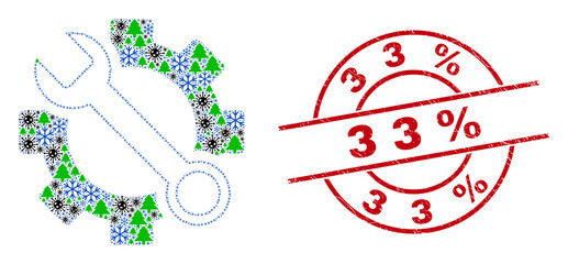 Winter Covid-2019 combination wrench tools, and dirty 33% red round stamp seal. Collage wrench tools is organized from Covid, forest, and ice crystal items. Red 33% seal uses circles and lines.