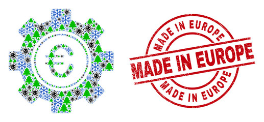 Winter Covid-2019 collage euro gear, and unclean Made in Europe red round seal. Collage euro gear is formed with Covid-2019, fir tree, and ice crystal symbols.